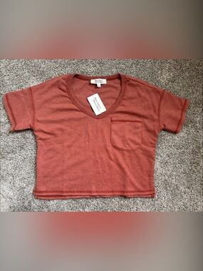 Waffle Knit V-Neck Pocket Tee - Rust